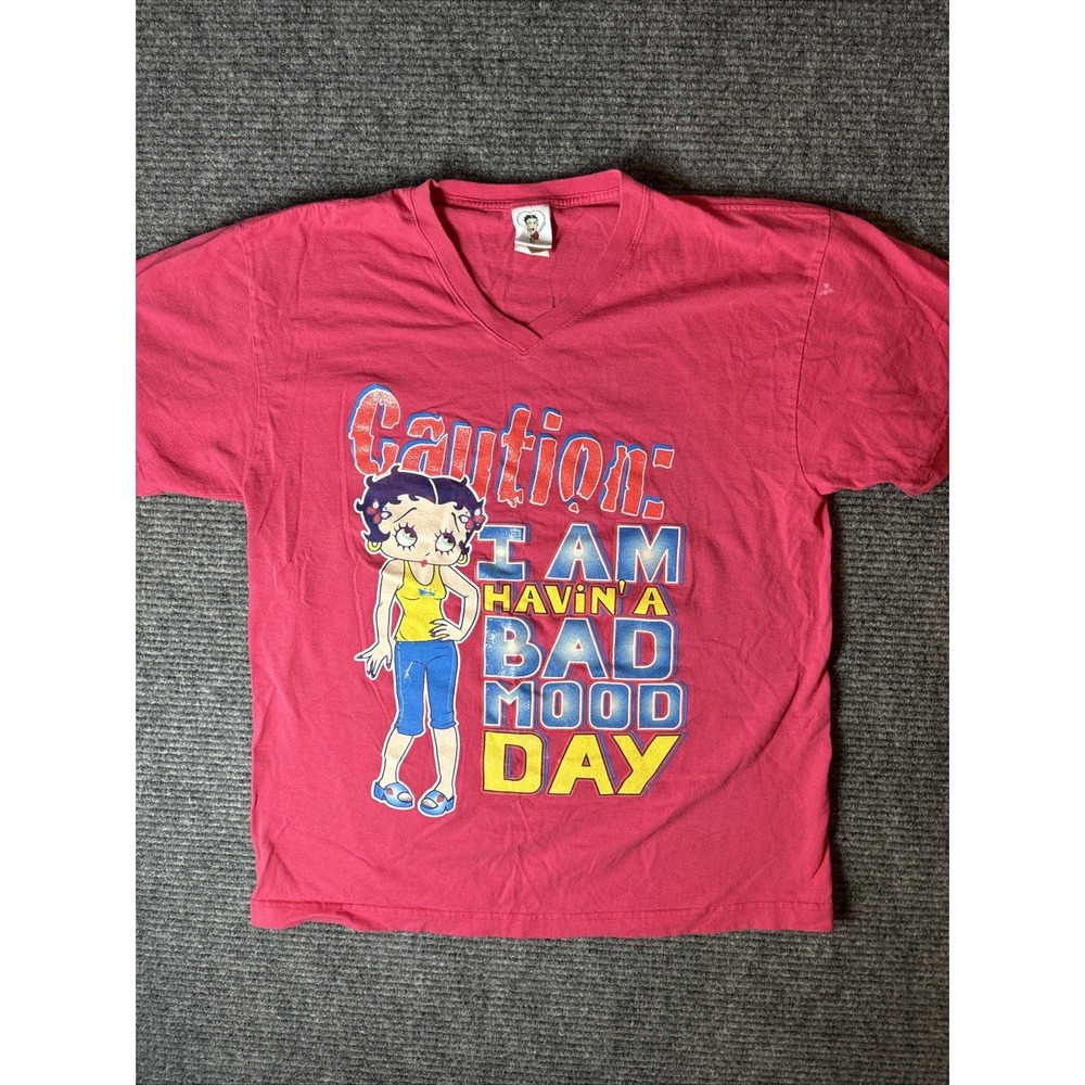 Vtg Y2K Betty Boop Pink V-Neck Shirt Large Caution I Am Having A Bad Mood Day